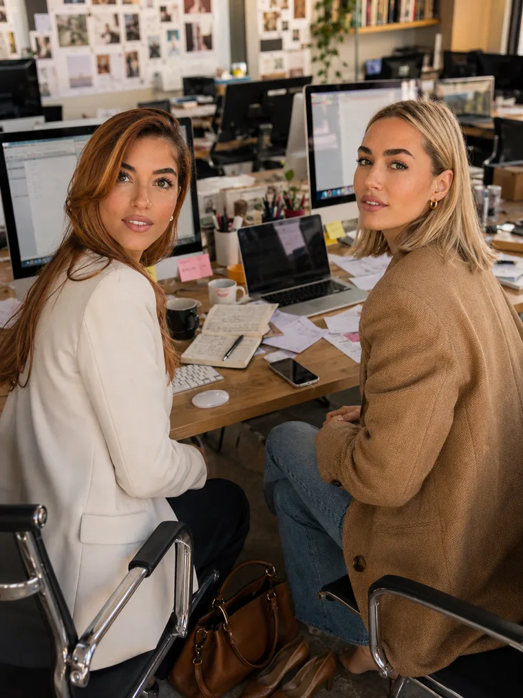 Deux collaboratrices d'une agence de marketing d'influence à leur poste de travail